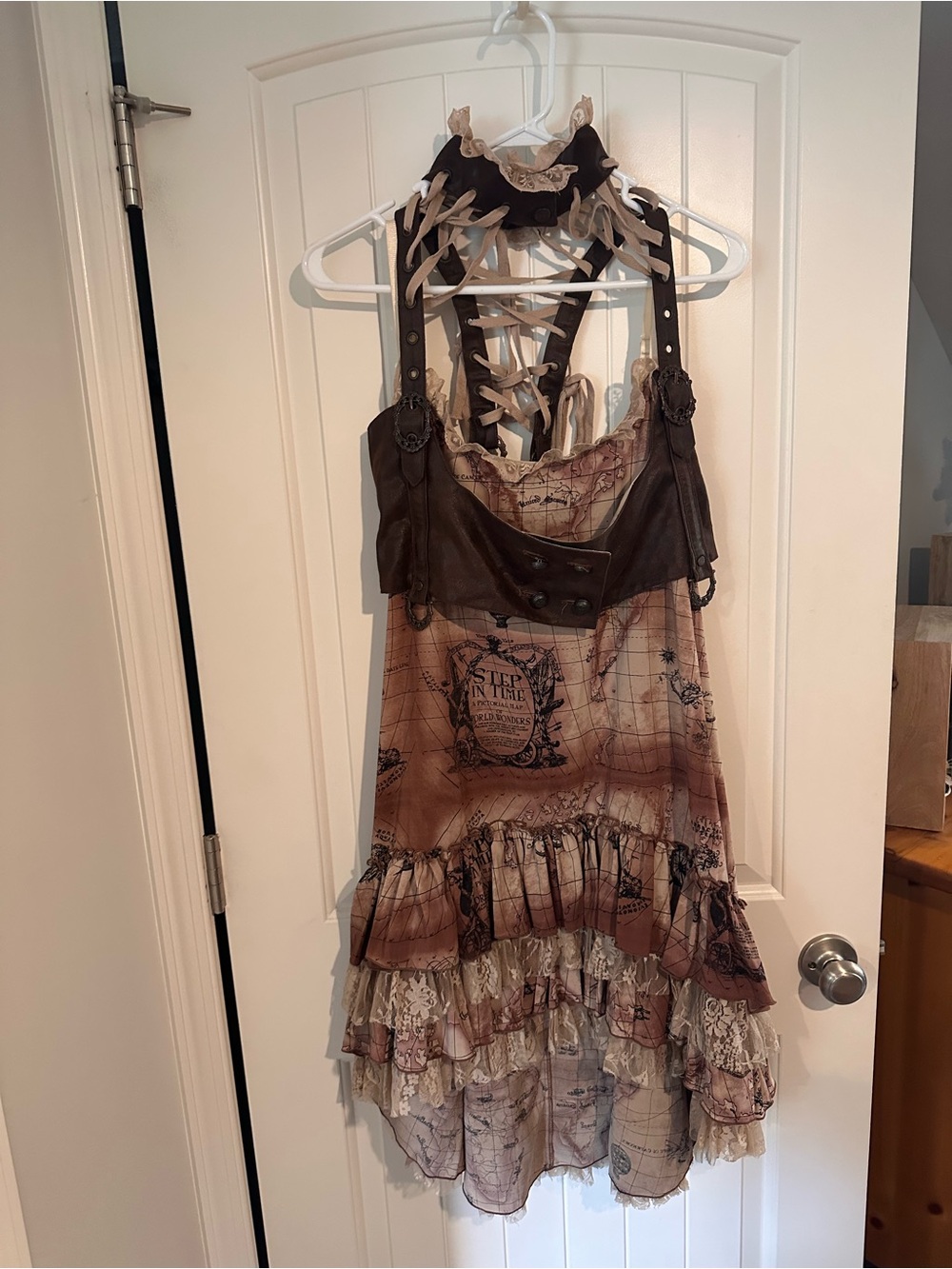 Brown Printed High-Low Ruffle Dress with Lace Trim.  Halloween costume